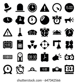 Alarm icons set. set of 36 alarm filled icons such as siren, bell, clock, warning, bell, door bell, megaphone, wall clock, pendulum