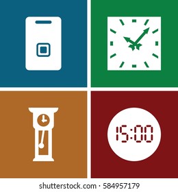 alarm icons set. Set of 4 alarm filled icons such as door ringer, pendulum, clock