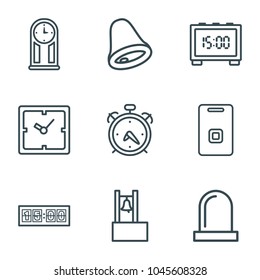 Alarm icons. set of 9 editable outline alarm icons such as alarm, clock, door ringer, siren, pendulum, digital clock