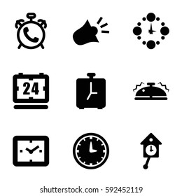 alarm icons set. Set of 9 alarm filled icons such as alarm, bell, siren, wall clock, pendulum