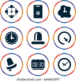 Alarm icons set. set of 9 alarm filled icons such as bell, siren, door ringer, wall clock