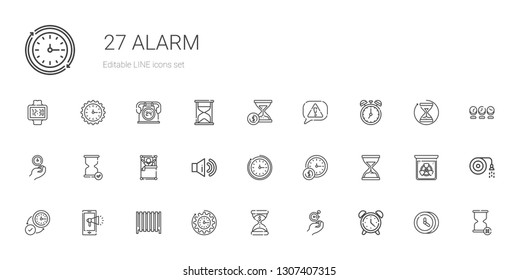 alarm icons set. Collection of alarm with alarm clock, wall clock, hourglass, clock, radiator, notification, sound, wake up, risk, hose, radiation. Editable and scalable icons.