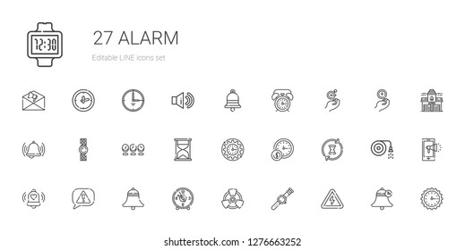 alarm icons set. Collection of alarm with high voltage, watch, radiation, clock, bell, risk, hourglass, wall clock, alarm clock, notification. Editable and scalable alarm icons.