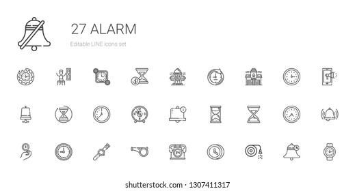 alarm icons set. Collection of alarm with hose, clock, hours, whistle, watch, wall clock, hourglass, bell, notification bell, fire station. Editable and scalable alarm icons.