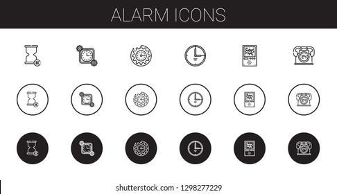 alarm icons set. Collection of alarm with hourglass, time, clock, domotics, hours. Editable and scalable alarm icons.