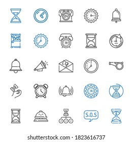 alarm icons set. Collection of alarm with hourglass, sos, reception bell, wall clock, bell, alarm clock, whistle, notification, loudspeaker. Editable and scalable icons.
