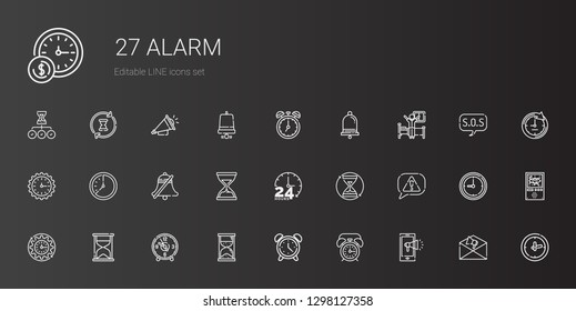 alarm icons set. Collection of alarm with notification, alarm clock, hourglass, clock, wall clock, risk, hours, bell, wake up, domotics, sos. Editable and scalable icons.