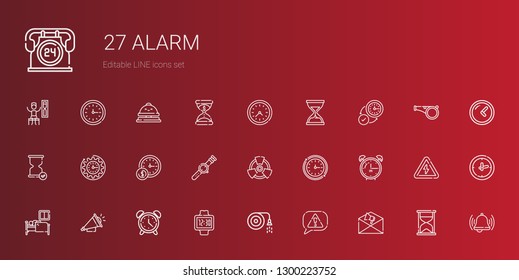 alarm icons set. Collection of alarm with notification, risk, hose, watch, alarm clock, loudspeaker, sleep, wall clock, radiation, clock, hourglass. Editable and scalable icons.