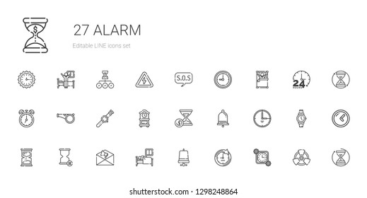 alarm icons set. Collection of alarm with time, clock, notification bell, sleep, notification, hourglass, watch, whistle, wake up, sos, radiation. Editable and scalable alarm icons.