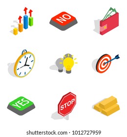 Alarm icons set. Isometric set of 9 alarm vector icons for web isolated on white background