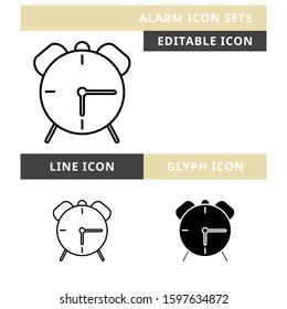 Alarm icons set vector design, modern editable line and  glyph icon, black colour and isolated for icon presentation, website and banner
