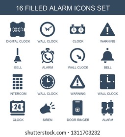 alarm icons. Trendy 16 alarm icons. Contain icons such as digital clock, wall clock, clock, warning, bell, Bell, intercom, siren, door ringer. alarm icon for web and mobile.