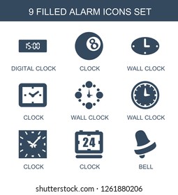 alarm icons. Trendy 9 alarm icons. Contain icons such as digital clock, clock, wall clock, Bell. alarm icon for web and mobile.