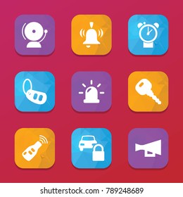 Alarm icons. vector collection filled alarm icons set.. includes symbols such as megaphone, car key, siren, car lock, school bell. use for web, mobile and ui design.