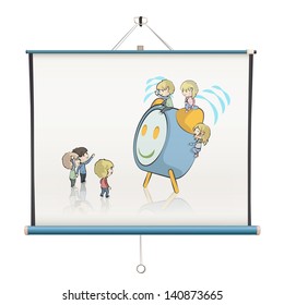Alarm with kids inside a projector screen. Vector design