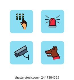 Alarm line icon set. Secret code, surveillance camera, dog and light signal. Security concept. Can be used for signboards and web design