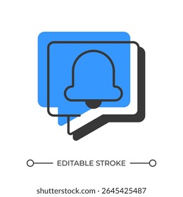 Alarm notification offset shadow line icon. Speech balloon with ring. Digital alert network. User warning. Bold outline symbol with solid blue fill. Modern flat illustration. Editable stroke