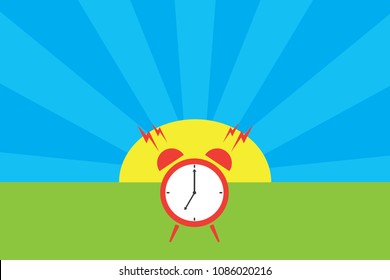 Alarm oclock in front of cartoon sunny day. Ringing oclock on spring or summer landscape. Funny wake up. Design  for childrens book.