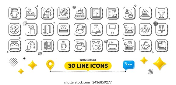 Alarm, Paper wallpaper and Aroma candle line icons pack. 3d design elements. Mattress, Entrance, Bath web icon. Box size, Stand lamp, Ceiling lamp pictogram. Tea, Coffeepot, Mint bag. Vector