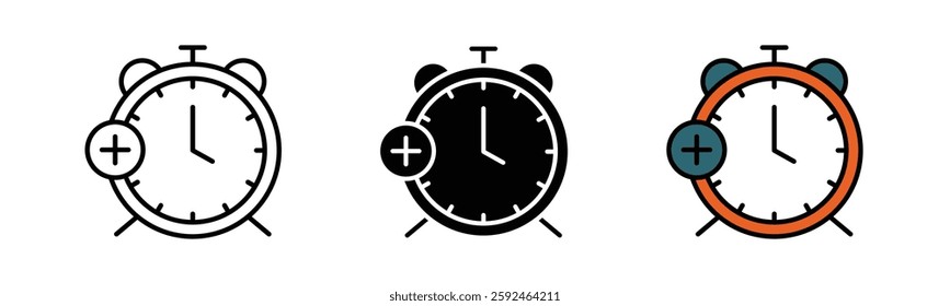 Alarm plus icon, Add alarm reminder different style icon set. Line, glyph and filled outline colorful version, outline and filled vector sign. Clock with plus Symbol, isolated on white background