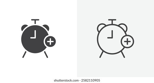 Alarm plus icon set in black flat solid and outlined style.