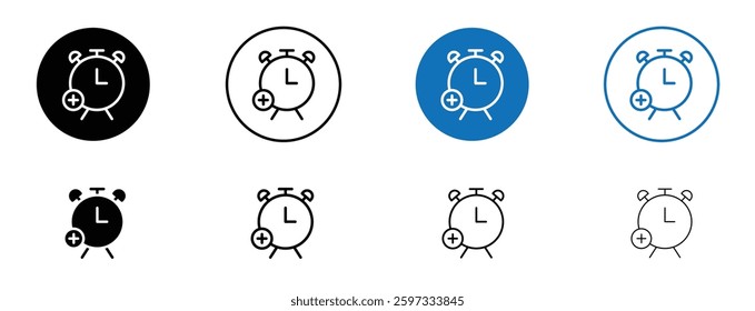 Alarm plus icon set in black and blue colors on white background