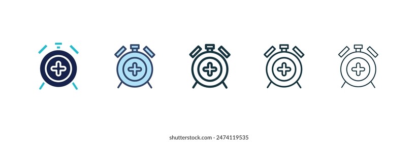 Alarma más ícono. Vector de tiempo extra. Reloj con más Iniciar sesión negro relleno y contorneado estilo.