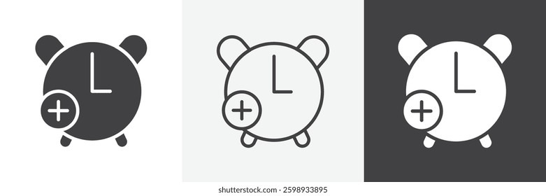 Alarm plus icons in Thin line black color. flat simple vector symbols illustration.