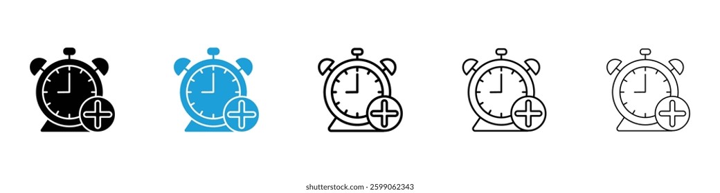 Alarm plus icons vector illustrations in black and blue colors for web and ui designs