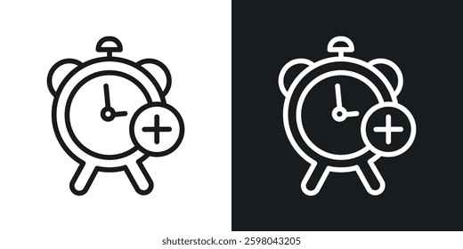 Alarm plus vector icon set in black and white color.