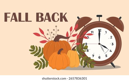 Alarm with pumpkins. Hand drawn Fall back banner. Change your clocks. 