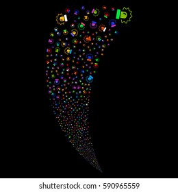 Alarm random fireworks stream. Vector illustration style is flat bright multicolored iconic symbols on a black background. Object fountain done from scattered design elements.