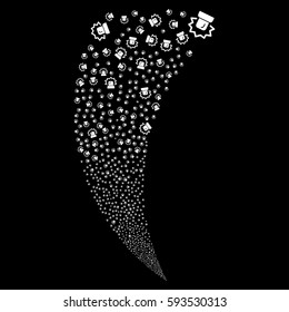 Alarm random fireworks stream. Vector illustration style is flat white iconic symbols on a black background. Object fountain organized from scattered symbols.