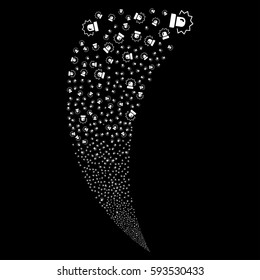 Alarm random fireworks stream. Vector illustration style is flat white iconic symbols on a black background. Object fountain made from scattered pictographs.