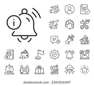 Alarm reminder info sign. Salaryman, gender equality and alert bell outline icons. Information bell line icon. Notification message symbol. Information bell line sign. Vector