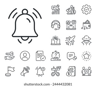 Alarm reminder sign. Salaryman, gender equality and alert bell outline icons. Notification bell line icon. Alarm clock symbol. Notification bell line sign. Spy or profile placeholder icon. Vector