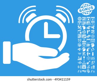 Alarm Service icon with bonus calendar and time management design elements. Vector illustration style is flat iconic symbols, white color, blue background.