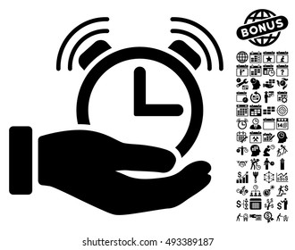 Alarm Service pictograph with bonus calendar and time management images. Vector illustration style is flat iconic symbols, black color, white background.