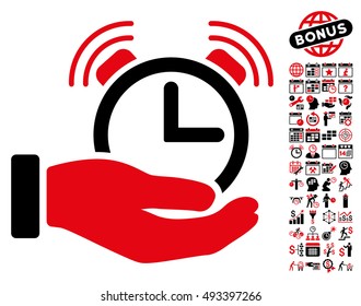 Alarm Service pictograph with bonus calendar and time management symbols. Vector illustration style is flat iconic bicolor symbols, intensive red and black colors, white background.