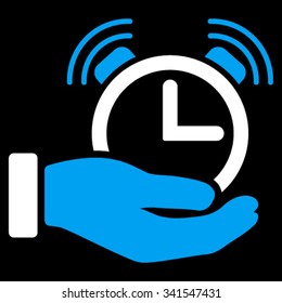 Alarm Service vector icon. Style is bicolor flat symbol, blue and white colors, rounded angles, black background.