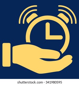 Alarm Service vector icon. Style is flat symbol, yellow color, rounded angles, blue background.