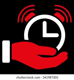Alarm Service vector icon. Style is bicolor flat symbol, red and white colors, rounded angles, black background.