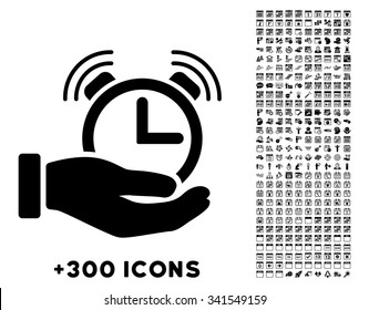Alarm Service vector pictogram with additional 300 date and time management icons. Style is flat symbols, black color, rounded angles, white background.