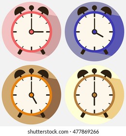 Alarm, set alarm clocks, clock, time, minute, second hand. Flat design, vector.