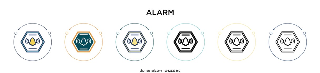 Alarm sign icon in filled, thin line, outline and stroke style. Vector illustration of two colored and black alarm sign vector icons designs can be used for mobile, ui, web