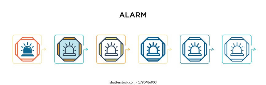 Icono del vector de signo de alarma en 6 estilos modernos diferentes. Iconos negros, de dos colores de signo de alarma diseñados en el estilo relleno, contorno, línea y trazo. La ilustración vectorial se puede usar para web, móvil, ui