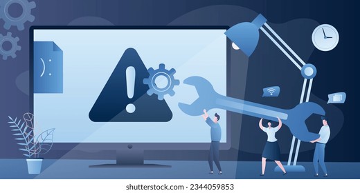 Alarm signal on display. System, webpage error or security problem. Teamwork, group of tiny people carry a wrench. System recovery or antivirus operation. Repair service for computer or gadget. Vector