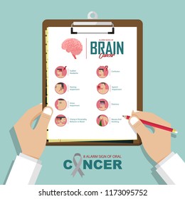 Alarm signs of brain cancer infographic in flat design. Brain disease symptom icon set and awareness ribbon. Doctor’s hand holding clipboard.  Vector Illustration.