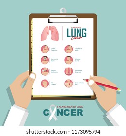 Alarm Signs Of Lung Cancer Infographic In Flat Design. Lung Disease Symptom Icon Set And Awareness Ribbon. Doctor’s Hand Holding Clipboard.  Vector Illustration.