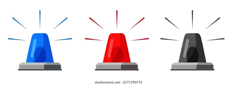 Alarm siren icons. Red, blue, black gray emergency flasher. Police or ambulance flashers isolated on transparent background. Flat vector illustration set.